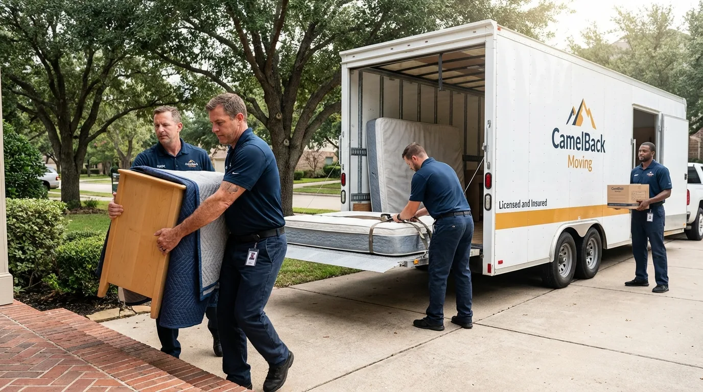 Crew loading residential truck for cross-state move from Fairfield, ME