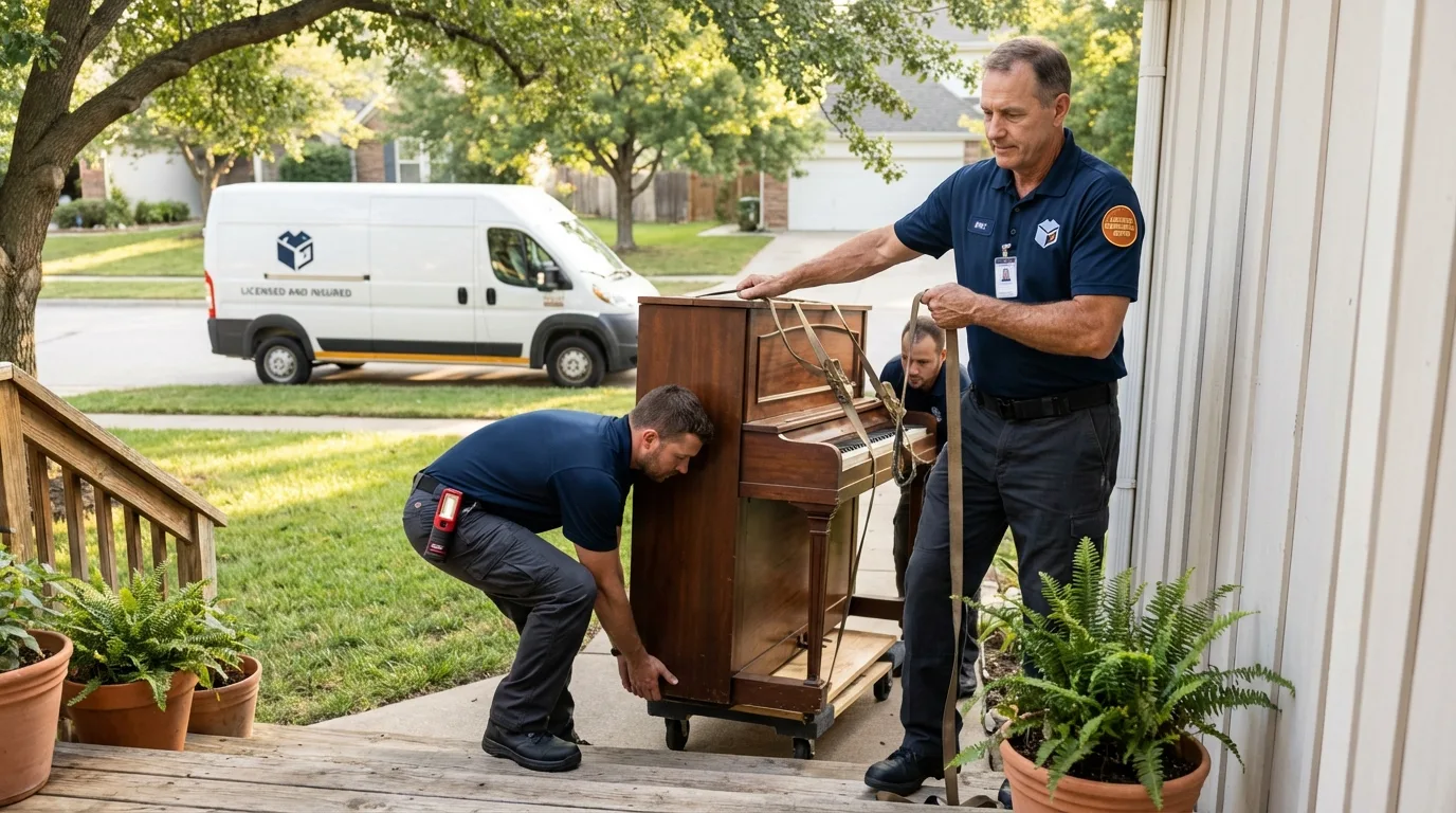 Licensed piano movers securing grand piano in Fairfield, ME