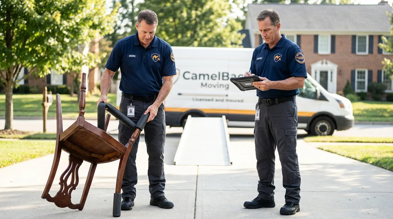Movers inspecting furniture for damage prevention before loading in Fairfield, ME