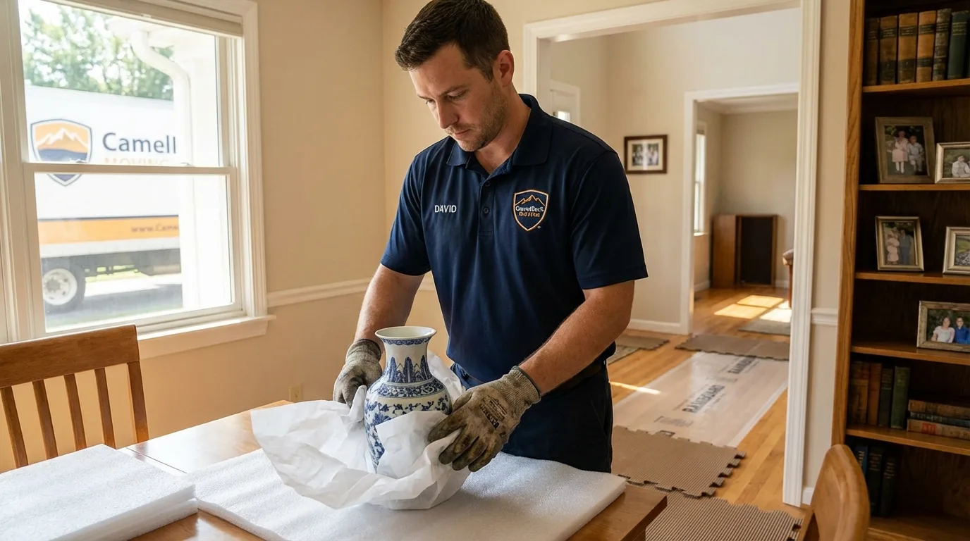 Professional crew carefully wrapping antique vase for senior downsizing move in Fairfield, ME