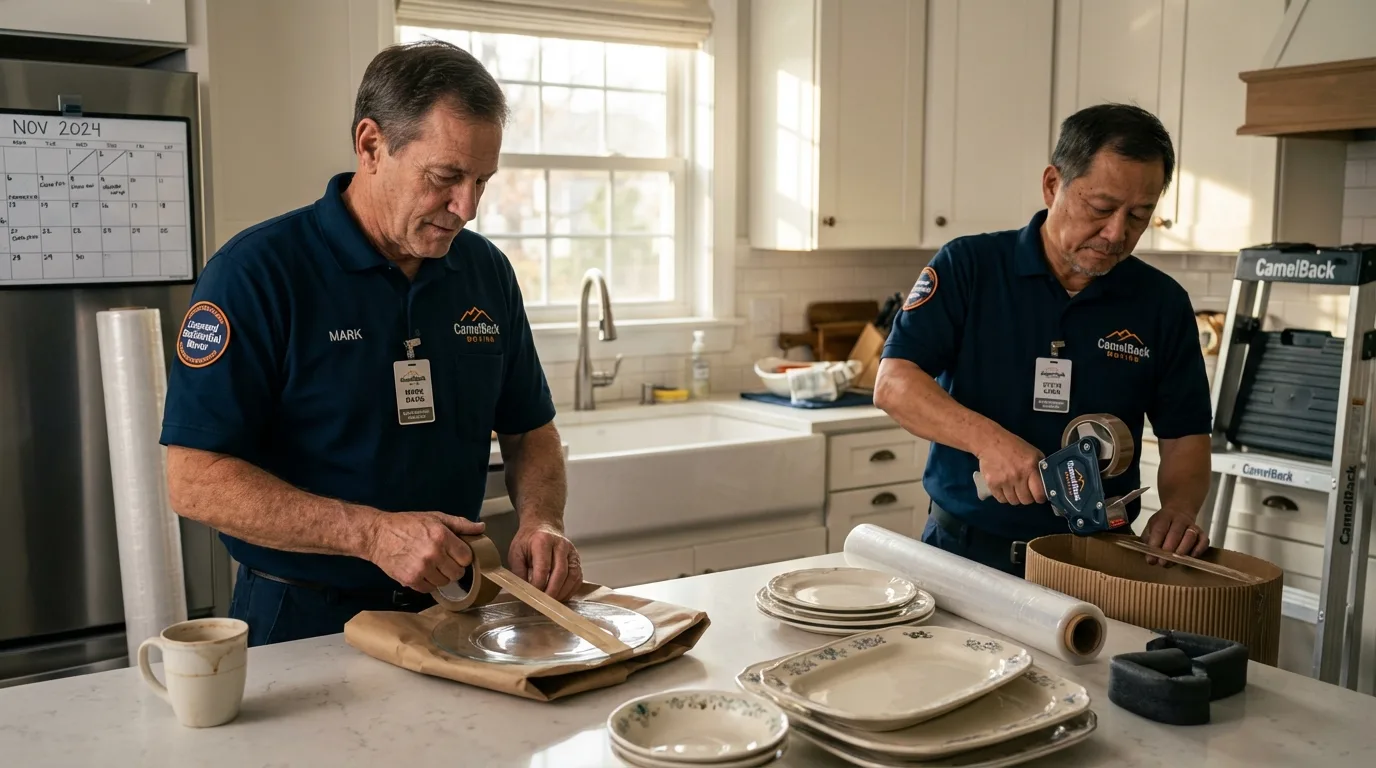 Professional crew packing kitchen dishware in Fairfield, ME